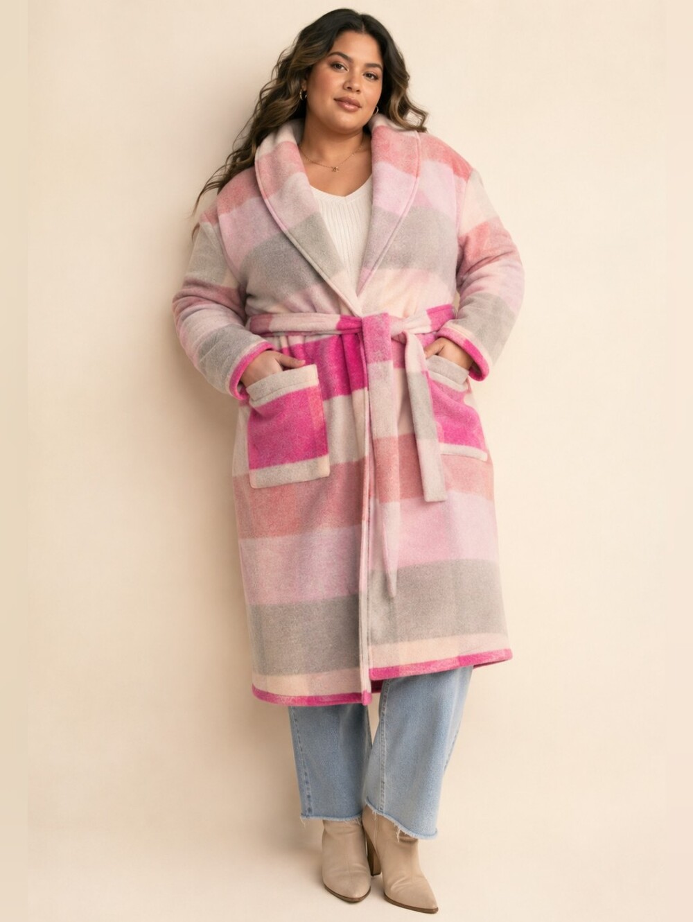 Davi & Dani Tied Color Block Collared Neck Coat in XL — Hot Pink Multicolor.